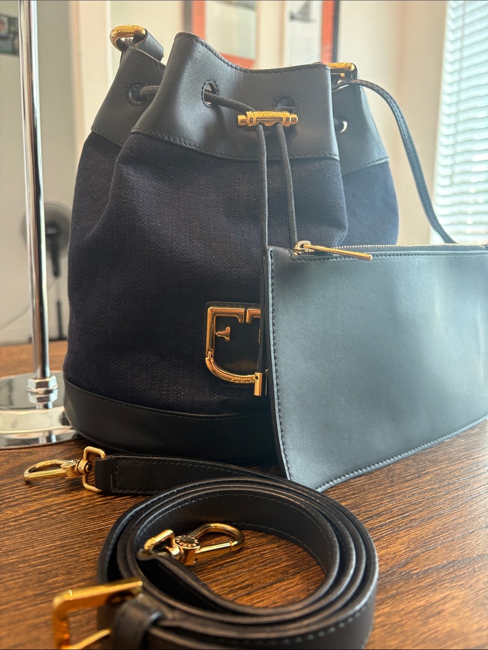FURLA Corona S Denim and Leather Bucket Bag - Navy/Black EUC - Picture 4 of 11